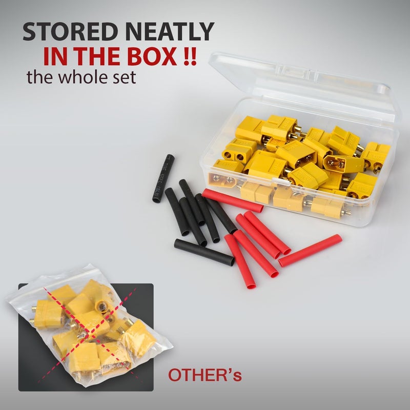 TMH 20 Pairs XT60 Connector XT-60 Male Female Bullet Connectors Plugs with 80 pcs Heat Shrink Tube for RC Lipo Battery Car Boat (20 Male+20 Female) - Image 5